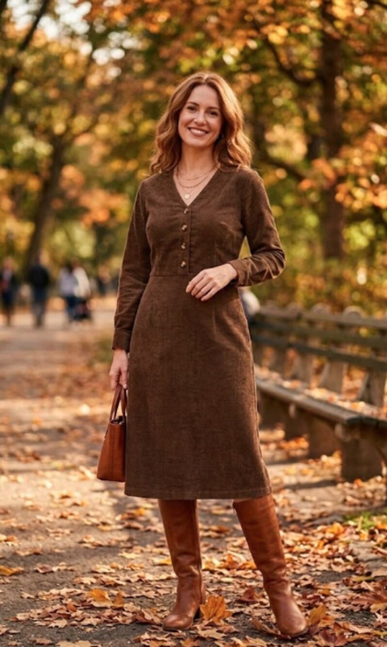 WRAP Brown Corduroy Midi Dress  Size 8 Long Sleeve Tie Waist